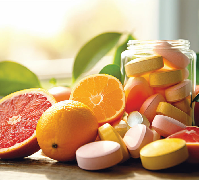 Obst mit Vitaminen und bunten Tabletten