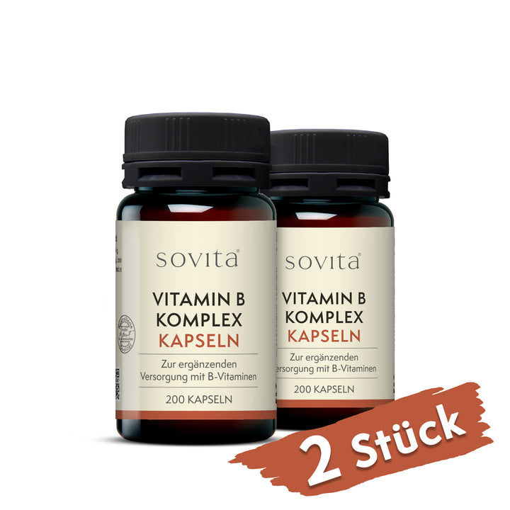 Zwei Dosen sovita Vitamin B Komplex Kapseln auf weißem Hintergrund mit rotem Hinweis „2 Stück“ unten rechts