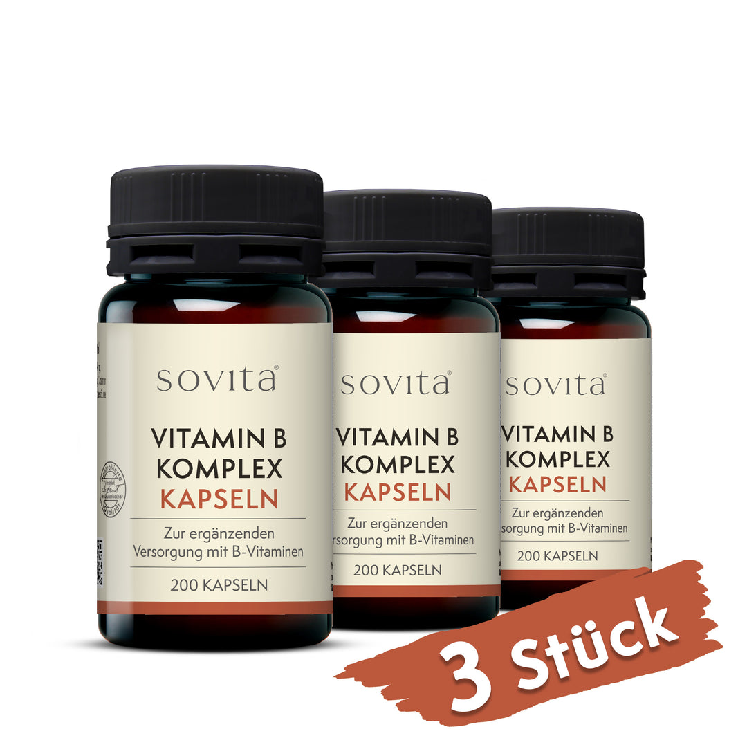 Drei Dosen sovita Vitamin B Komplex Kapseln auf weißem Hintergrund mit rotem Hinweis „3 Stück“ unten rechts