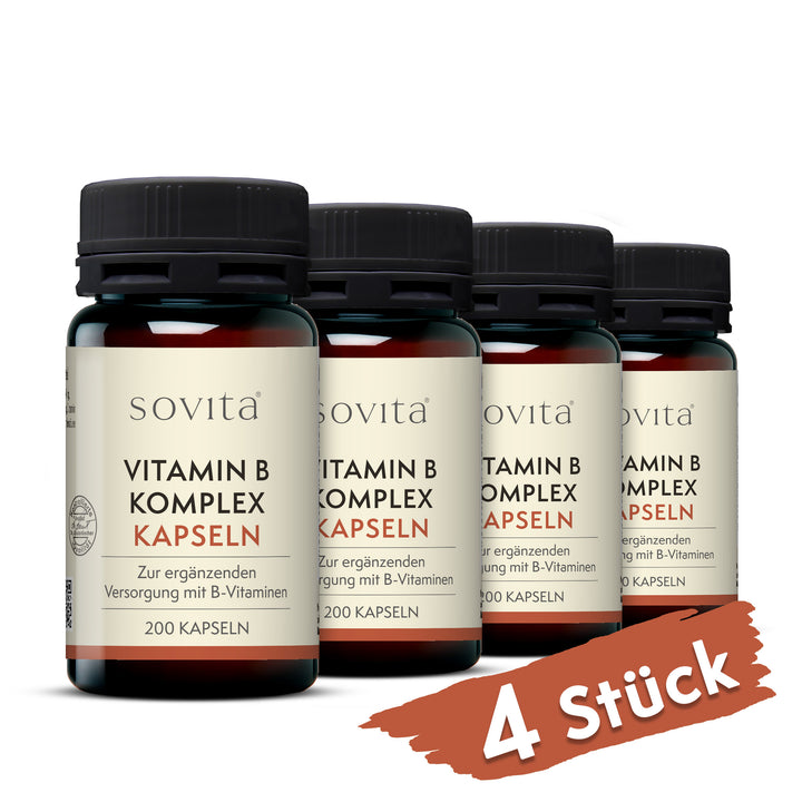 Vier Dosen sovita Vitamin B Komplex Kapseln auf weißem Hintergrund mit rotem Hinweis „4 Stück“ unten rechts