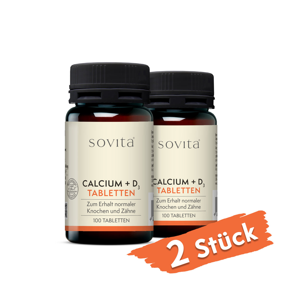 Zwei Dosen Sovita Calcium + D₃ Tabletten nebeneinander mit dem Hinweis „2 Stück“.