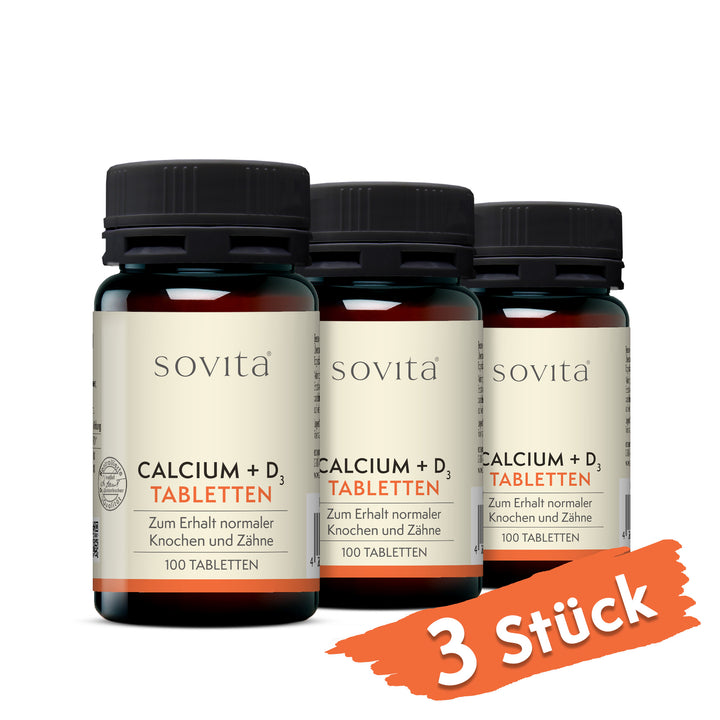 Drei Dosen Sovita Calcium + D₃ Tabletten nebeneinander mit dem Hinweis „3 Stück“.