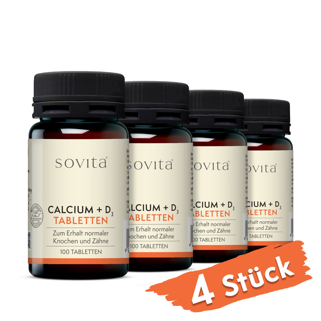 Vier Dosen Sovita Calcium + D₃ Tabletten nebeneinander mit dem Hinweis „4 Stück“.