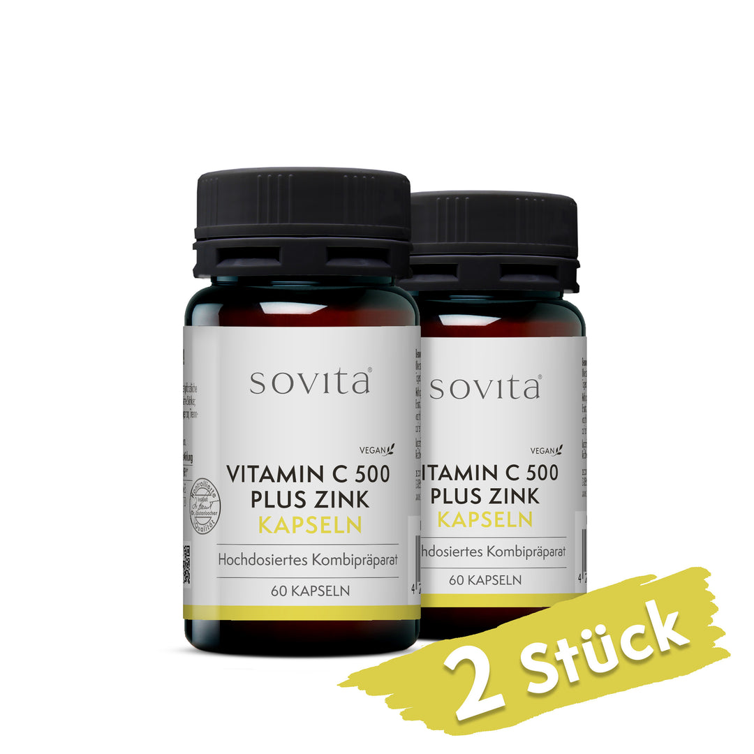 Zwei Dosen Sovita Vitamin C 500 plus Zink Kapseln aus Kunststoff nebeneinander mit dem Hinweis „2 Stück“.