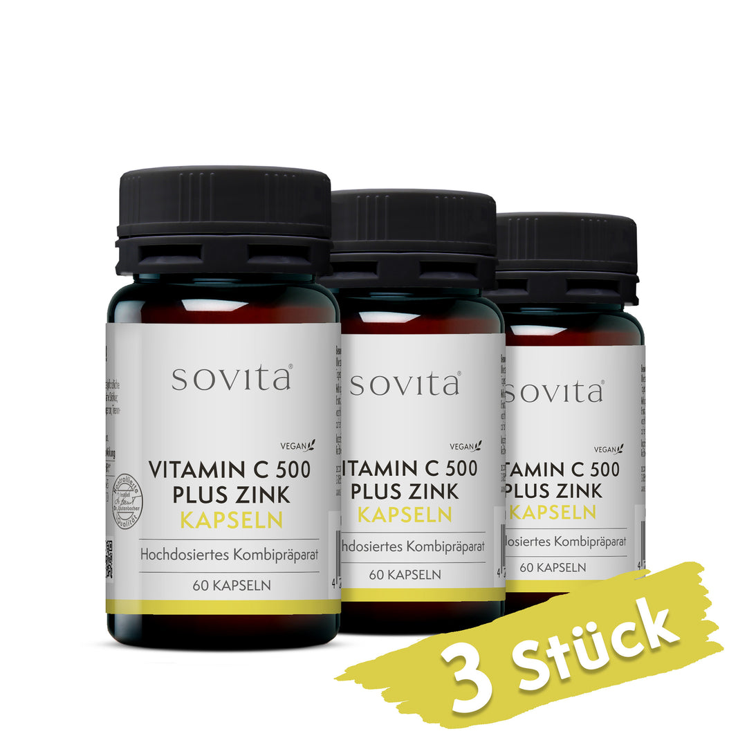 Drei Dosen Sovita Vitamin C 500 plus Zink Kapseln aus Kunststoff nebeneinander mit dem Hinweis „3 Stück“.