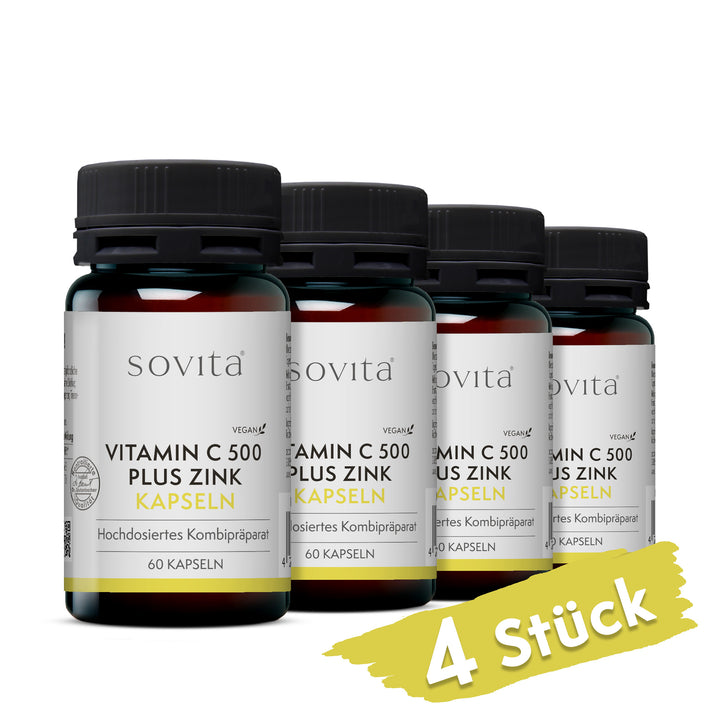 Vier Dosen Sovita Vitamin C 500 plus Zink Kapseln aus Kunststoff nebeneinander mit dem Hinweis „4 Stück“.