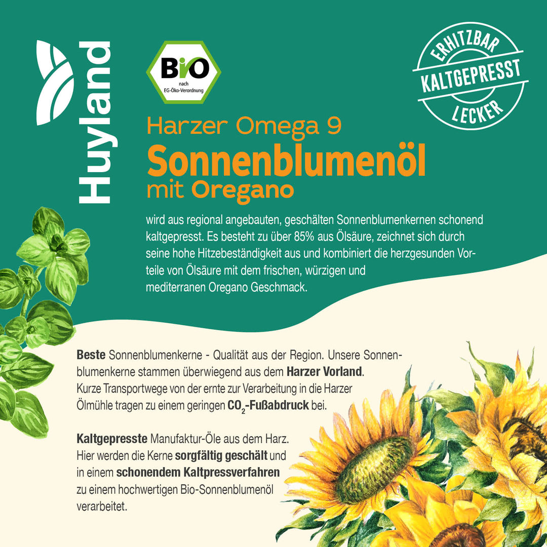 Huyland Harzer Bio Sonnenblumenöl mit Oregano (250 ml)