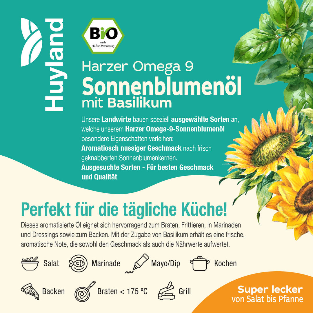 Huyland Harzer Bio Sonnenblumenöl mit Basilikum (250 ml)